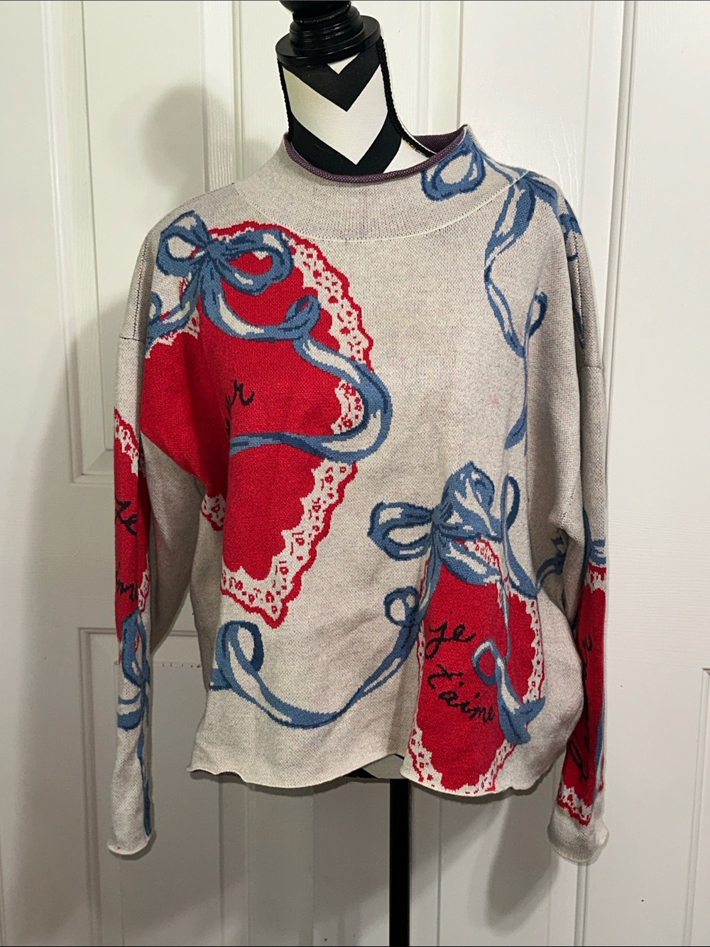 Maeve Sweater with Red Heart and Blue Bow Print